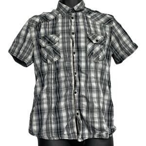 JACK JONES Shirt Men Size M Gray Plaid Short Sleeve Button Up 100% Cotton Casual
